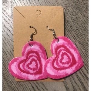Pink Heart Earrings Faux Leather Silver Hardware Valentine’s Day USA